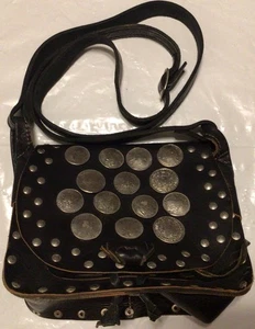 Vintage Rare Z&L Black Coin Stud Leather Handbag Travel Bag Flap Biker Shoulder - Bild 1 von 9