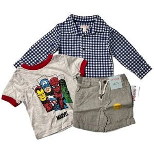 Cat & Jack Pull On Shorts Button Down Shirt And Marvel T-Shirt 3pc Set Size 18M - Picture 1 of 11