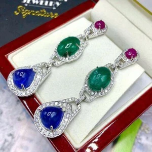 42.65CT Lab Created Pink Ruby,Green Emerald,Blue Sapphire,White Fashion Earrings - Picture 1 of 7