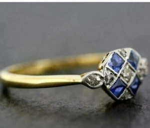 Anello Art Decò 3,50 ct diamanti e zaffiri antico vintage finitura oro giallo 14 carati - Foto 1 di 3