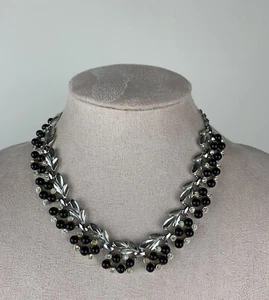 Vintage Silberfarben Schwarz Perlen Strass Halsreif Halskette - Bild 1 von 6