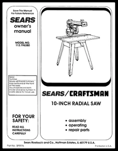 Sears Craftsman 10" Radial Saw 113.196380 Instruction Manual: 80 Pages - Foto 1 di 2