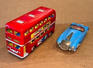 Vintage, Tin Toy, DOUBLE DECKER BUS & SPORTS CAR (Friction Drive) - Picture 1 of 8