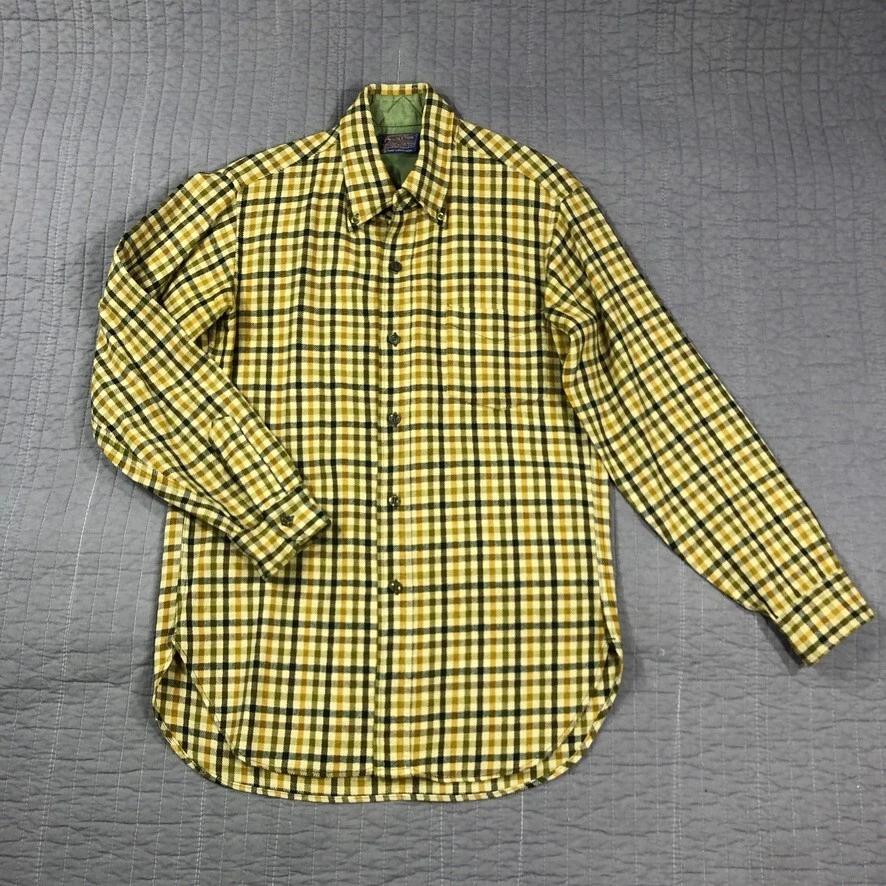 Camisa Pendleton Vintage Hombres Mediana Amarilla Cuadros Pura Lana Virgen Caminata Campamento Años 60 Foto 1 de 4