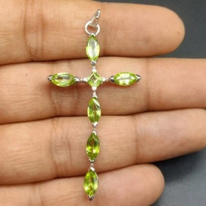 14k White Gold Plated 2Ct Marquise & Asscher lab Created peridot Cross Pendant - Picture 1 of 7