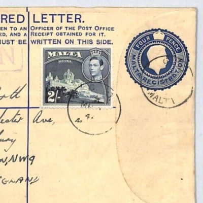 MALTA KGVI 2s Cover Registered 4d Stationery 1946 Air Mail London {samwells}XC28 - Image 1 of 4