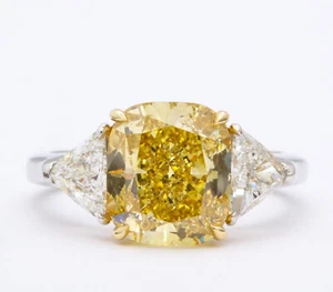 Citrine 3.30CT Yellow Cushion CZ Three Stone Solitaire Wedding 925 Silver Ring - Picture 1 of 7