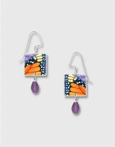 Colorful Monarch Butterfly Wing Print Square Purple Bead Lemon Tree Earrings - Picture 1 of 5