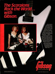Vintage 1980er Jahre SCORPIONS GIBSON MAGAZIN DRUCK AD Explorer Flying V Gitarre Pinup Seite - Bild 1 von 1