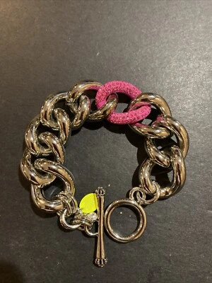 Brazalete de eslabones Juicy Couture tono plata ancho 25 mm grande rosa estrás Foto 1 de 4