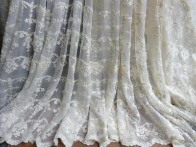 Ivory Cotton Lace Vintage Floral Mesh Fabric for DIY Wedding Gown Curtain 1 Yard - Image 1 of 4