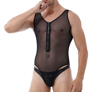 Men's Sheer Lace Bodysuit High Cut Thong Leotard See-through Zipper Jumpsuit - Picture 1 of 14
