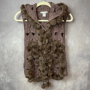 Alberto Makali Cardigan Womens Medium Knit Rabbit Fur Brown Hooded Sleeveless - Picture 1 of 11