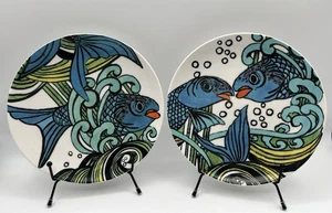 Anthropologie Blue Koi Fish Lunch Salad Plates 8.25” Set of 2 - Picture 1 of 7