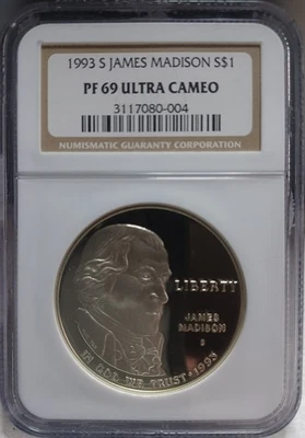 1993-S PF69UCAM MADISON COMMEMORATIVE SILVER DOLLAR. FLAWLESS. Video SL0182 - Image 1 of 4