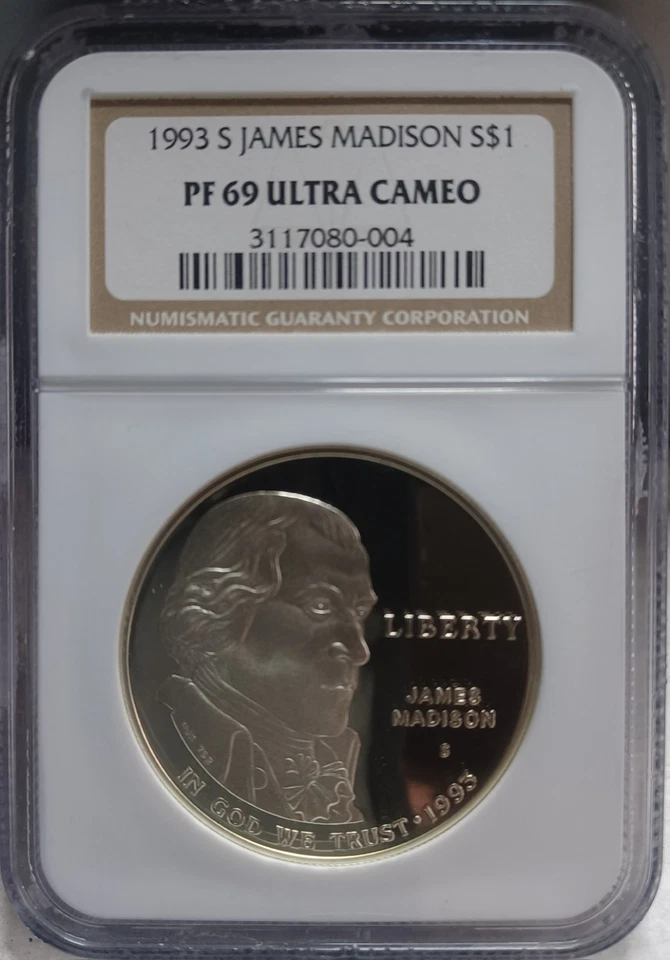 1993-S PF69UCAM MADISON COMMEMORATIVE SILVER DOLLAR. FLAWLESS. Video SL0182 - Image 1 of 4