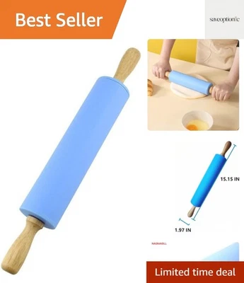 Elegante rodillo de silicona azul con mango de madera resistente - Fácil de hornear Foto 1 de 4