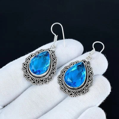 925 Sterling Silver Blue Topaz Gemstone Dangle Earring Vintage Handmade Jewelry - Image 1 of 4