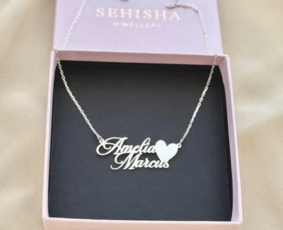 Collar Personalizado Personalizado de Plata de Ley 925 Doble Nombre con Corazón Foto 1 de 4