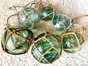 Vintage Japanese Glass Fishing Floats – Set of 6 – Green & Aqua-Green with Rope - Picture 1 of 11
