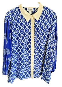 Plus 3x Seidenbluse bedruckt, blau Manschettenkragen Knopfleiste Langarm, gefüttert - Bild 1 von 5