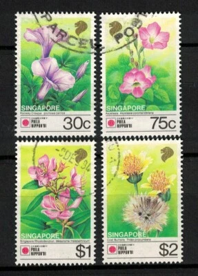 SINGAPORE 1991 PHILANIPPON S'PORE FLORA COMP. SET OF 4 STAMPS SC#611-614 IN USED - Image 1 of 4