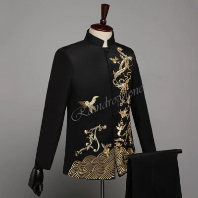 Hombres Rojo Tang Traje Chino Boda Traje Chaqueta Bordado Flora Chaqueta Pantalones 2 PIEZAS Foto 1 de 4