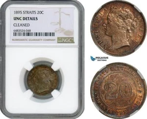 AI201, Straits Settlements, Victoria, 20 Cents 1895, London Mint, NGC UNC Det. - Picture 1 of 1