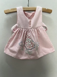 Vtg. Baby girls Pinafore/ Apron pink Corduroy  Embroidered Flowers & Bunnies - Picture 1 of 16