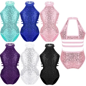 Kids Girls Rompers Dance Unitard Sparkly Bodysuit Cutouts Leotard Performance - Picture 1 of 81