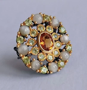 ANELLO IN ARG. S. 925 BRUNITO CON CITRINO, ADULARIA E PERIDOTI NATURALI - Foto 1 di 9