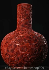 24" Old Chinese Qianlong Red Lacquerware Carved Palace Dragon Beast Bottle Vase - Picture 1 of 9