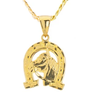 Gold Plated Horse Head in Horseshoe Pendant 20" Cuban Chain Necklace MPG 016 G - Picture 1 of 4