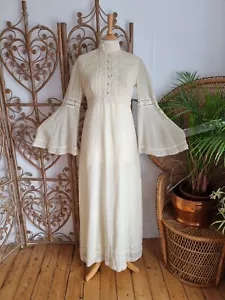 Vintage Glockenärmel gehäkelt Baumwolle Cottagecore 70er Jahre Prärie Maxikleid S M - Bild 1 von 8