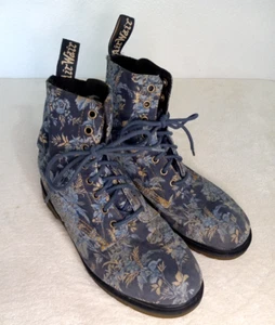 Dr Doc Martens Beckett Blue Floral Canvas Combat Lace Up Ankle Boots sz 9 - Picture 1 of 12