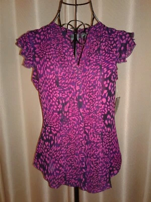 NUEVO CON ETIQUETAS • Blusa Pintuck de Gasa Manga Acampanada + Camiseta sin Mangas • Leopardo Azul Marino y Púrpura S Foto 1 de 4