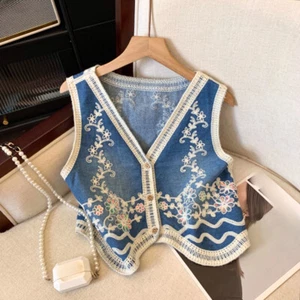 Mujeres Floral Bordado Denim Chaleco Top Sin Mangas Denim Chaleco Chaleco Botón - Imagen 1 de 7