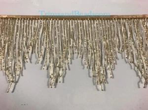 Por yarda-6" DORADO Cuentas BUGLE Cuentas Flecos CHEVRON Lámpara Disfraz Borde - Imagen 1 de 1