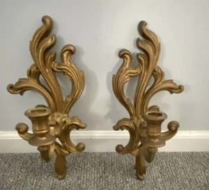 2 Vtg Turner Ornate Gold Floral Scroll Wall Sconces Candle Holders MCM READ - Picture 1 of 22