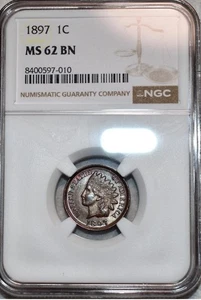 NGC MS-62 BN 1897 Indian Head Cent, Well-Struck & Fully Lustrous. - Picture 1 of 8
