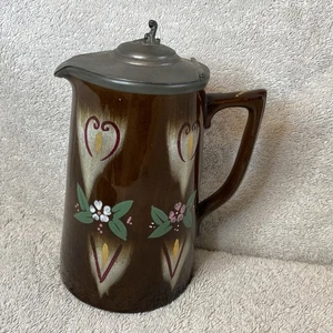 Vintage Pewter Lid Jug Brown Floral Accent Tankard Kitchen Deco Collectable - Picture 1 of 16