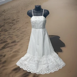 Weißes Midi Sommerkleid S Strand Boho Bauern Ösen Spitze 100% Baumwolle Coastal Coquette - Bild 1 von 16