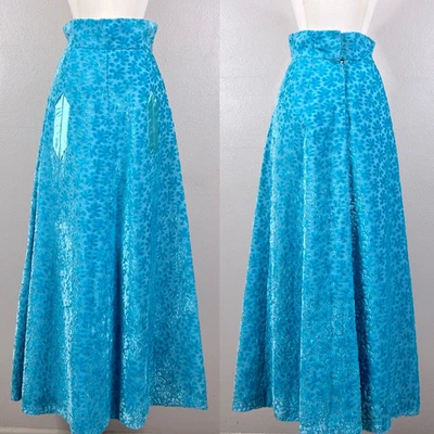 Maxi Falda Floral Terciopelo Azul Hecha a Mano Años 70 XS Flower Power Hippie Boho Foto 1 de 4