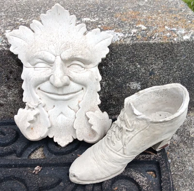 VTG 10” Carruth Studio Green Man Cement Plaque & Cement Victorian Lady's Shoe - Image 1 of 4