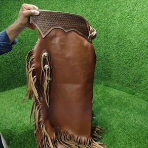 Leather Cowboy Chinks Western Rodeo Chaps Fringe Ranch Riding Men - Picture 1 of 13