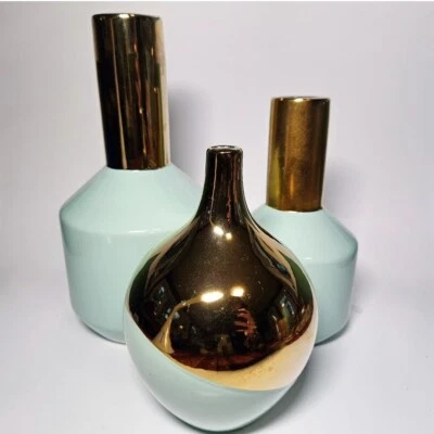Juego de 3 jarrones modernos de cerámica dorada azul claro Foto 1 de 4