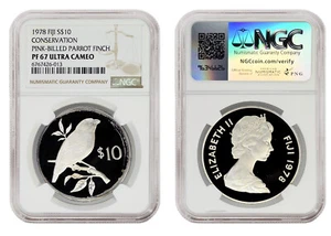 FIJI $10 1978 NGC PF67UC 'Conservation - Pink-billed Parrot Finch' - Picture 1 of 3