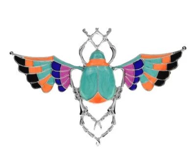 Broche bijou insecte style scarabée égyptien, acier argenté et multicolore. - Photo 1/4