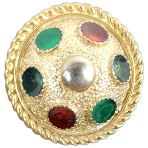 Vintage Geometric Lapel Pin Brooch Green Red Cab Gold Tone Round Dome - Picture 1 of 4