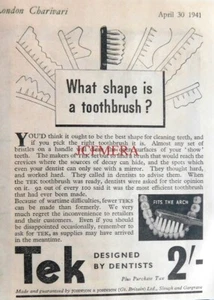 Original WW2 Reklame "TEK" Zahnbürsten im Zahnarztdesign #3: Kleiner Kriegsdruck - Bild 1 von 1